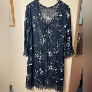 Lace Black Sheer Floral Kimono Cardigan Lace Trim Tie Front Boho Cover Up M